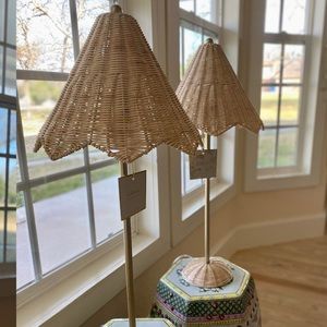 2 Lillian August Parasol Rattan Table Lamp Antiqued Brass Scalloped Edge